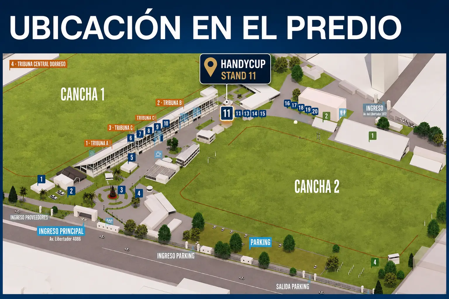 Plano del Campo Argentino de Polo con ubicación del Stand 11 de Handycup